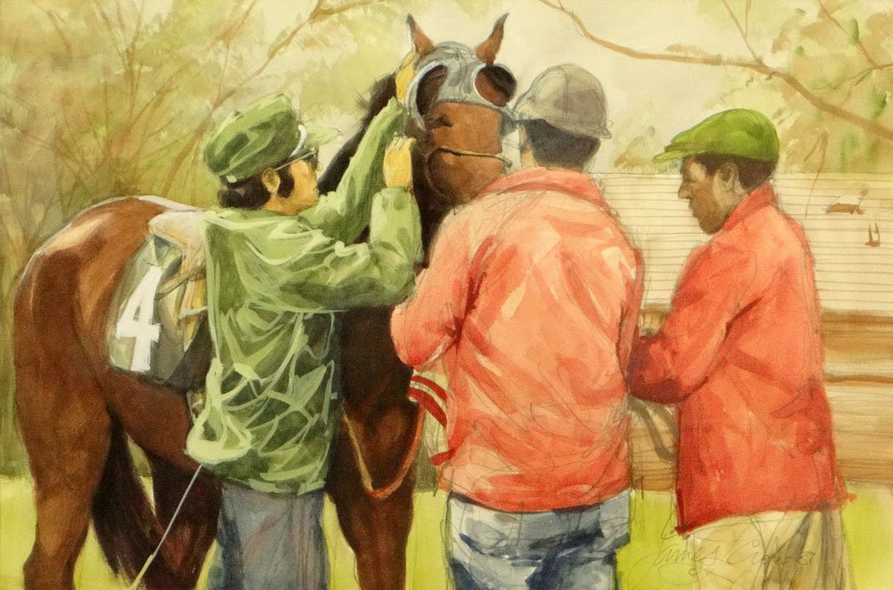 James L. Crow American-Kentucky (Contemporary): James L. Crow American-Kentucky (Contemporary) Watercolor on Paper "Tackin Up at Keeneland". Signed and Dated James Crow, 1981 Lower Right. Very Good Condition. Measures 12 Inches by 18 Inches (sight)