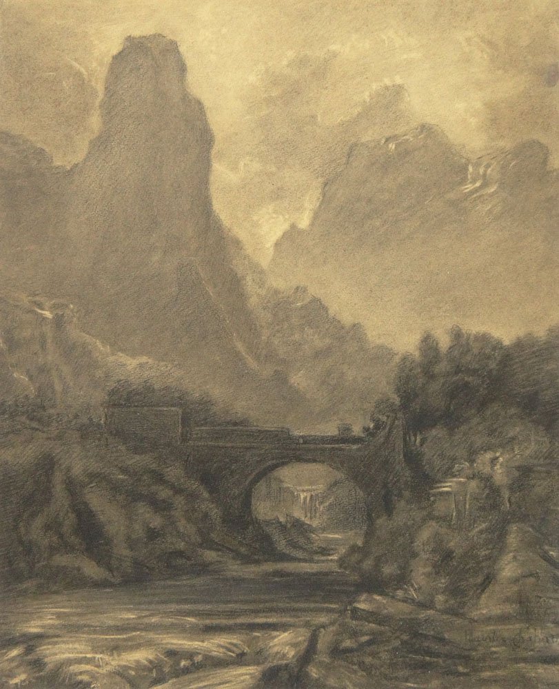 Maurice Chabas, French (1862-1947) Charcoal on Paper: Maurice Chabas, French (1862-1947) Charcoal on Paper "Mountain Landscape with Bridge". Signed Lower Right. Good Condition or Better. Measures 17-1/4 Inches Tall and 13-3/4 Inches Wide. Shipping $42.00