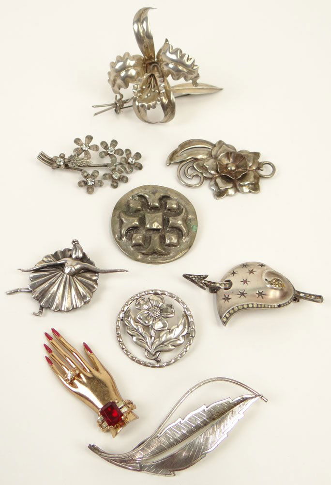 Nine (9) Sterling Silver Brooches/Pins. 1 Coro Hand. 1: Nine (9) Sterling Silver Brooches/Pins. 1 Coro Hand. 1 Lavenia. 1 Large Marked Mexico Orchard. 1 Marco Mexico Ballerina. 1 Round. 1 SB. 1 Beau. 1 with Rhinestones. 1 Round Flower. All in Very Good Con
