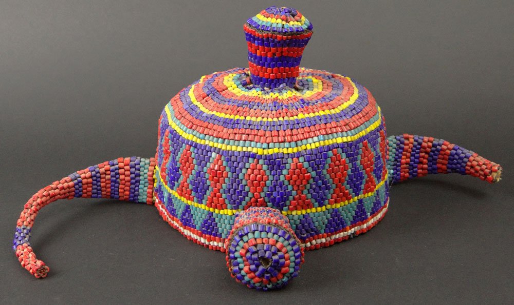 Unusual Native American Indian Pomo 3 Handled Basket: Unusual Native American Indian Pomo 3 Handled Basket Decorated with Beadwork. Colorful Exterior Bead Work Over a Coil Woven Basket. Some Bead loss Around 1 Handle Otherwise In Very Good Condition. Mea