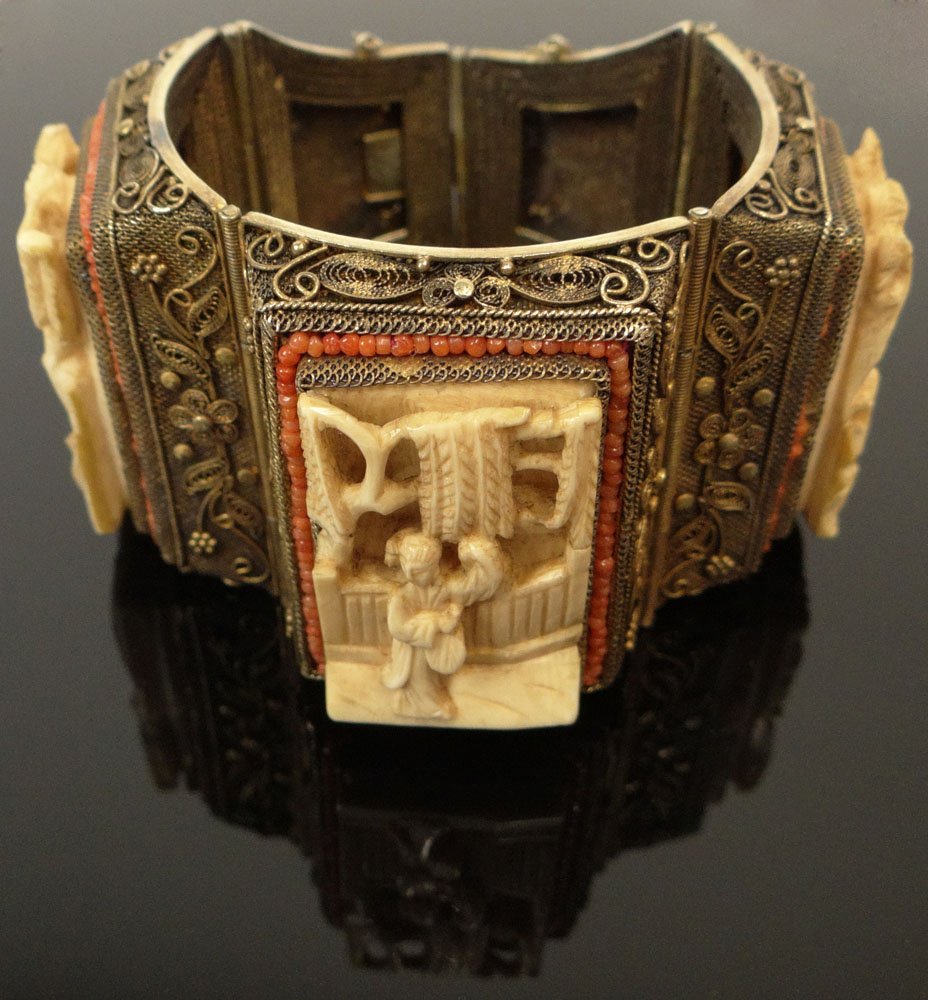 Circa 1930's Chinese Fine Filigree Vermeil, Carved: Circa 1930's Chinese Fine Filigree Vermeil, Carved Ivory and Coral Bead Hinged Cuff Bracelet with Longevity Symbols. Clasp Signed Silver. Missing a Few Small Coral Beads to Longevity Symbols Otherwise