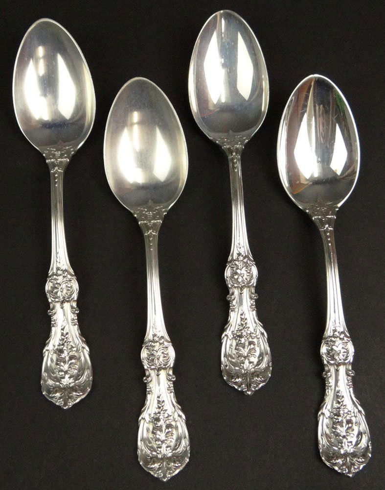 Four (4) Reed and Barton Sterling Silver Place Spoons: Four (4) Reed and Barton Sterling Silver Place Spoons in the "Francis I" Pattern. Very Good Condition. Measures 7-1/4 Inches. No Monogram. Signed Reed & Barton and Sterling. Two (2) Have "H" Stamp. We