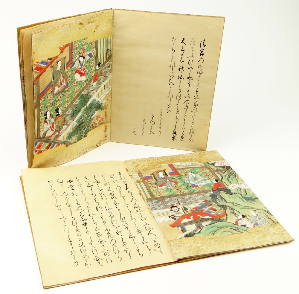 1750 Tosa School Anonymus Japanese Two (2) Volume 18th: 1750 Tosa School Anonymus Japanese Two (2) Volume 18th Century Handpainted and Calligraphy Books Beautifully Mounted in Custom Made Shadow Boxes. Rear of Each Book Written in English: Horaisan Emaki, 