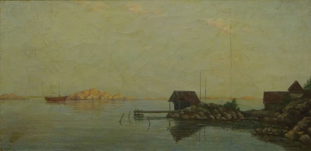 attributed to: Lev Felixovich Lagorio Russian: attributed to: Lev Felixovich Lagorio Russian (1827-1905) Oil on Canvas "Harbor Scene with Dock" Signed Lower Left. Good Condition. Measures 16 Inches by 32 Inches, Frame Measures 20-1/2 Inches by 36-