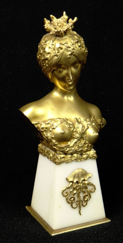 Circa 1900 Louis Chalon (1866-1940) French Art Nouveau: Circa 1900 Louis Chalon (1866-1940) French Art Nouveau Gilt Bronze Sculpture Bust of a Girl Mounted on a Alabaster Base. Signed L. Chalon Louchet. Very Good Condition. Measures 8 Inches Tall by 3-3/4