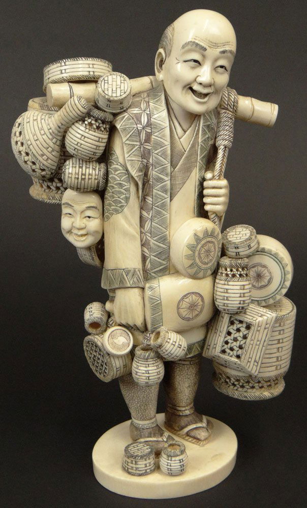 20th Century Japanese Carved Ivory Figurine "Basket