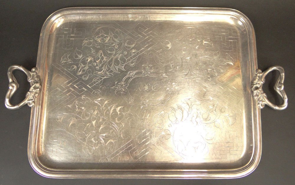 Late 19th Century Christofle France Silver Plate Art: Late 19th Century Christofle France Silver Plate Art Nouveau Tray with Etched Art Nouveau Decoration. Circa 1893. Signed The First Christofle Standard Full Mark. Oval mark with four stars, two capital