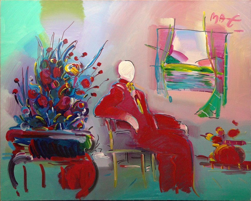 Peter Max German American-New York (born1937- ): Peter Max German American-New York (born1937- ) Acrylic/Oil on Canvas "Man Seated by Picture Window with Huge Flower Pot" Signed Max Upper Right. Very Good Condition. Unframed. Measures 48 Inches by 6