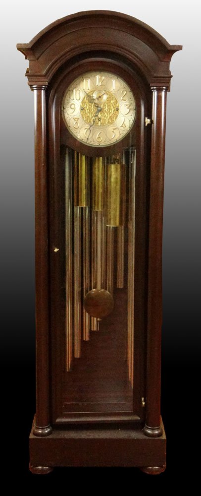 Frank O Herschede Tall Case Clock Made for J. E.: Frank O Herschede Tall Case Clock Made for J. E. Caldwell, Philadelphia, Pennsylvania. Made in Cincinnati, Ohio, Circa 1915-1925 with Cut and Layered Bronze, Brass and Silvered Dial with Seconds Dial 