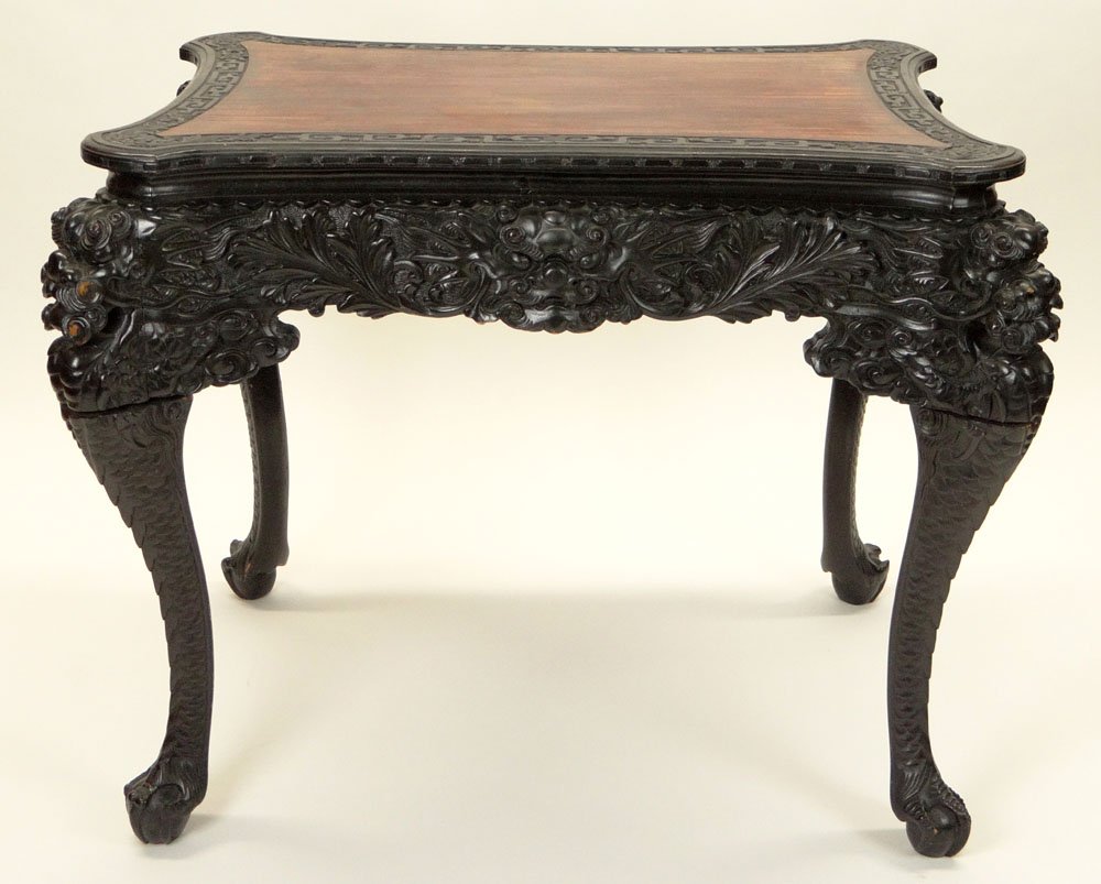 19/20th Century Chinese Export Carved Center Table with: 19/20th Century Chinese Export Carved Center Table with Buddhist Lion Masks, Acanthus Leaves and Cabriole Legs with Ball in Claw Feet. Unsigned. Surface Wear from Normal Use Otherwise Good Condition. 