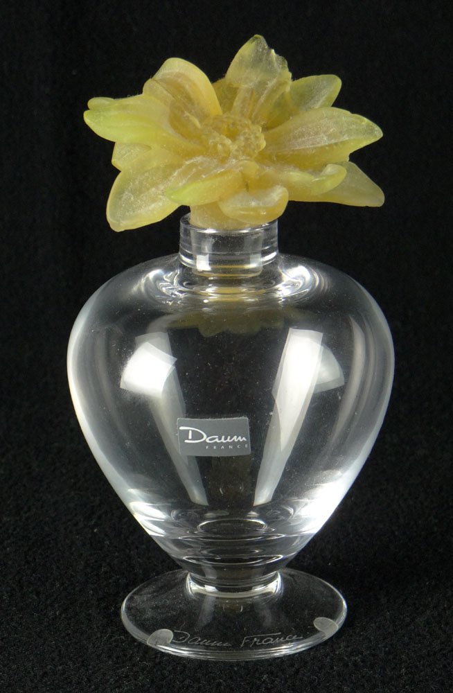 Daum France Urn Vase with Pate de Verre Flower Stopper.: Daum France Urn Vase with Pate de Verre Flower Stopper. Urn with Etched Signature. Repair to Stopper, Pleasee Examine this Lot Carefully Before Bidding. Measures 5-1/2 Inches Tall and 3 Inches Wide. S