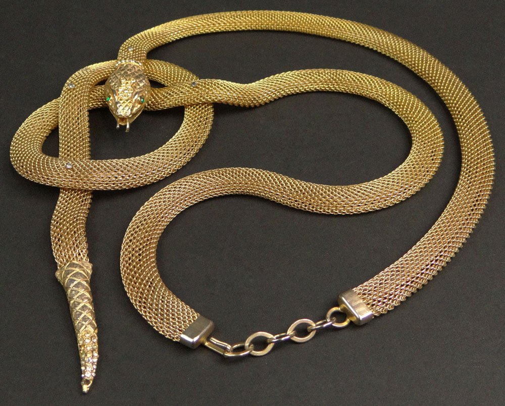 Kenneth Jay Lane American (born1930- ) Gilt Mesh Lady's: Kenneth Jay Lane American (born1930- ) Gilt Mesh Lady's Costume Snake Belt with Faux Diamond Inlay and Faux Emerald Eyes. Signed KJL and Copyright Mark. Wear and a couple of Rhinestones Missing or els
