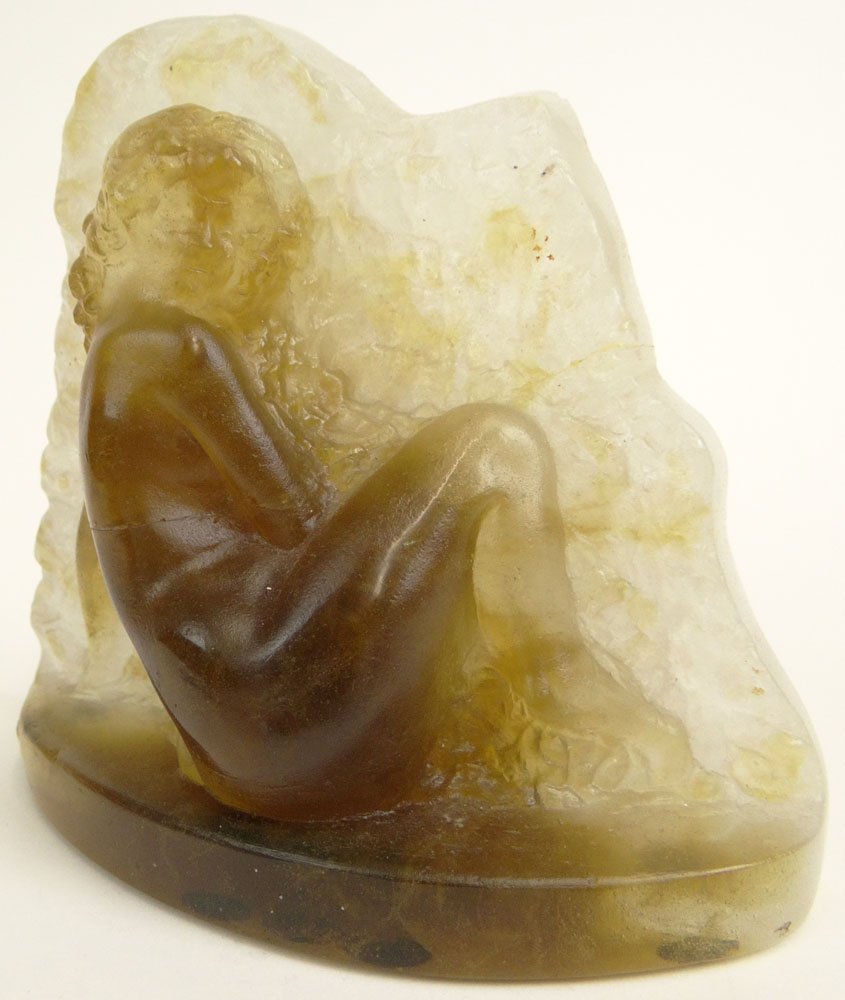 Daum France Art Glass Relief Sculpture of a Nude Female: Daum France Art Glass Relief Sculpture of a Nude Female Figure. Signed Daum. Hairline Crack at Center Otherwise in Good Condition. Measures 6 Inches Tall by 6-1/2 Inches Wide. Shipping $48.00