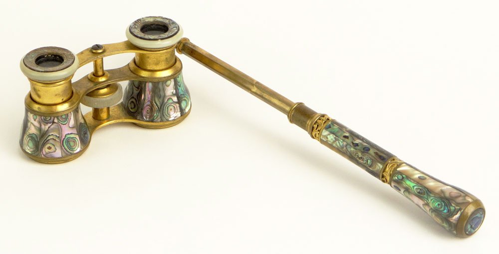 Circa 1900 French Fine Gilt Bronze and Mother-of-Pearl: Circa 1900 French Fine Gilt Bronze and Mother-of-Pearl and Abalone Opera Glasses with Lorgnette. Signed Made in France Expressly for Hart R Parker Shreveport, La. Very Good Condition. Shipping $40.00