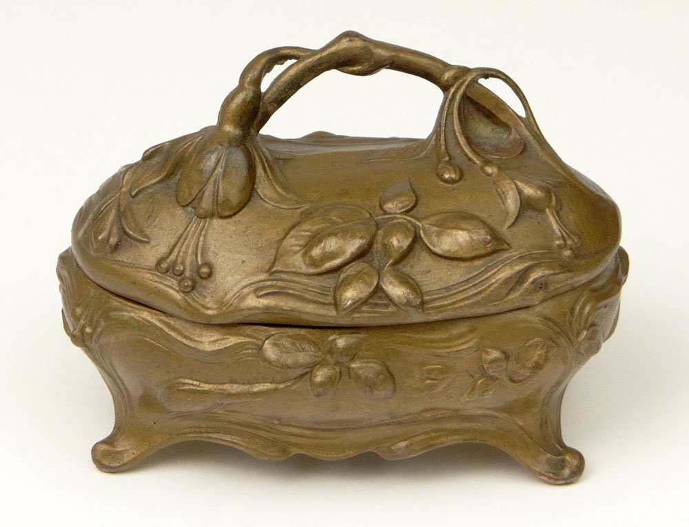 Circa 1900 Bridgeport, Conn. The Jennings Brothers: Circa 1900 Bridgeport, Conn. The Jennings Brothers Manufacturing Company Art Nouveau Gilt Bronze Trinket Box with Relief Fuchsia Decoration. Signed J.B. and Numbered 336 to Base. Minor Rubbing Otherwi