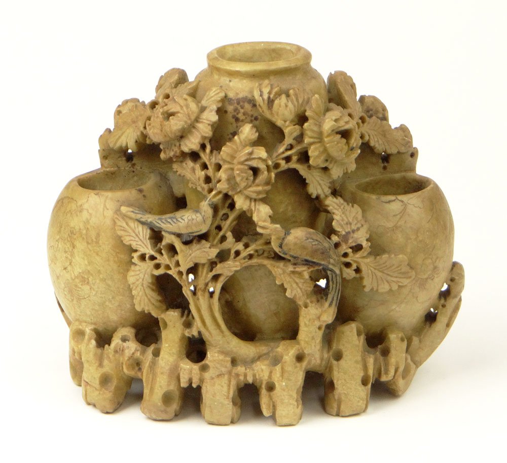 19/20th Century Well Detailed Chinese Carved Soapstone: 19/20th Century Well Detailed Chinese Carved Soapstone Sculpture of Three Vases Surrounded by Flowers and Two (2) Phoenix Birds. Unsigned. Good To Very Good Condition, Chip Under Rear Base. Measures 6