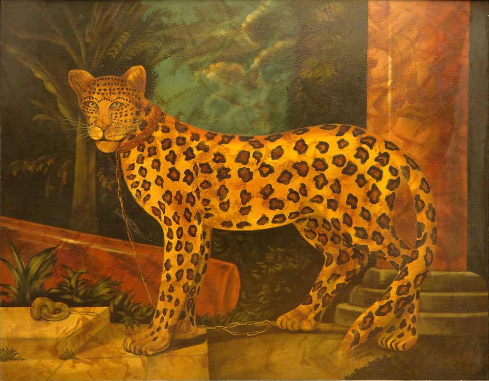 Reginald Baxter, Canadian (Contemporary) Oil on Canvas: Reginald Baxter, Canadian (Contemporary) Oil on Canvas "Leopard". Signed Lower Right. Good Condition or Better. Measures 48 Inches Tall and 60 Inches Wide, Frame Measures 54 Inches Tall and 65 Inches