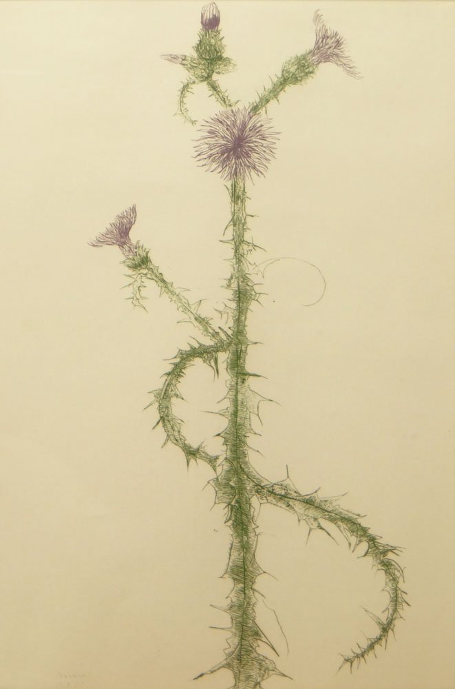 Leonard Baskin (1922-2000) Hand Colored Etching: Leonard Baskin (1922-2000) Hand Colored Etching "Flowers" Signed Lower Right. Numbered 53/120 Lower Left. Signed Baskin 1930 on Plate. Very Good Condition. Measures 17-1/2 Inches Tall by 11-1/2 Inches