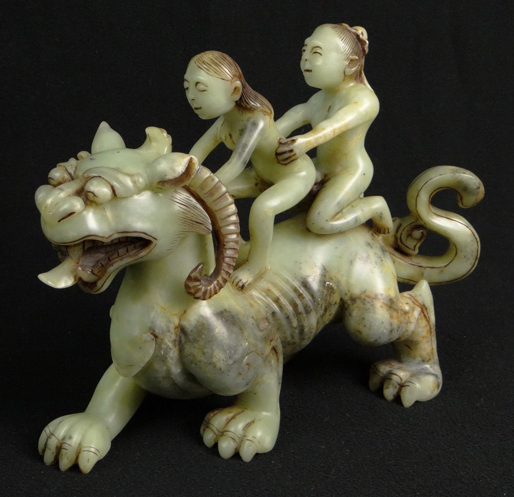 Chinese Carved Serpentine Jade Erotic Sculpture Group,: Chinese Carved Serpentine Jade Erotic Sculpture Group, Couple in Sexual Union Riding a Dragon. Unsigned. Good Condition or Better with Fitted Box. Measures 9 Inches Tall and 11 Inches Long. Shipping $