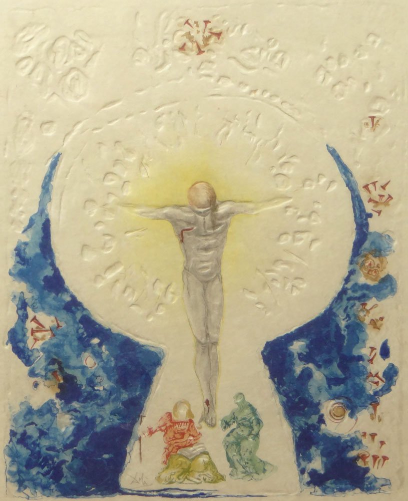 Salvador Dali, Spanish (1904-1989) Double-Sided Color: Salvador Dali, Spanish (1904-1989) Double-Sided Color Lithograph and Intaglio "Christ Crucified with The Virgin and Saint" Depicts a Crucified Christ Figure. Mirror Image Embosssed Through to Other Si