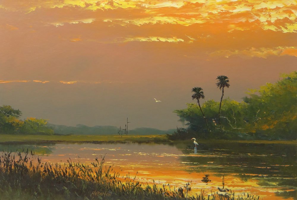 Harold Newton, American (1934-1994) Florida Highwaymen: Harold Newton, American (1934-1994) Florida Highwaymen Artist, Oil on Fiber Board Painting. Sunset Landscape Scene with Vibrant Colors of Birds, Water and Palm Trees. Signed H. Newton Lower Left. Orig