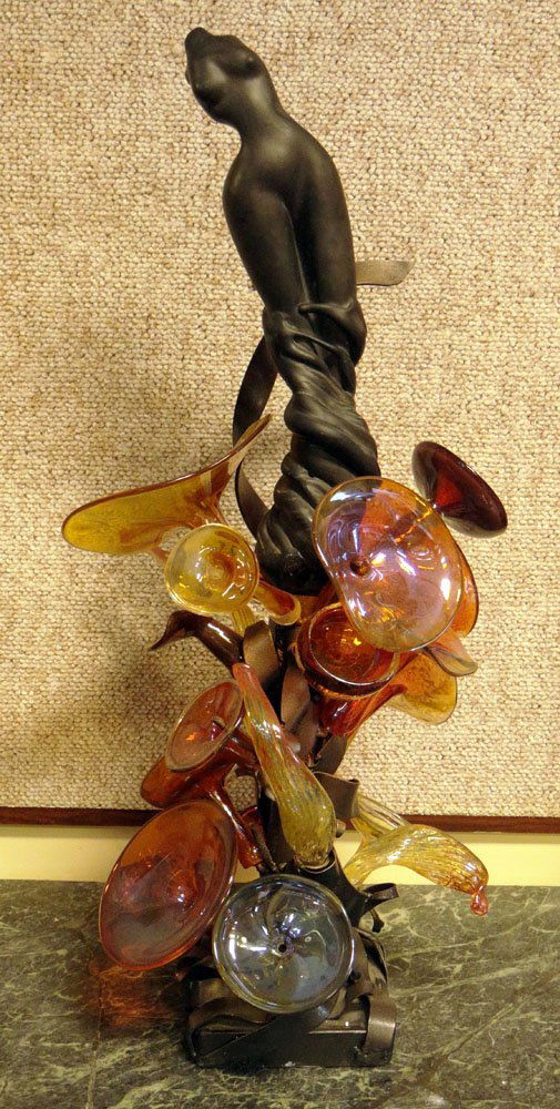 Michael Marcelo Roco, Philippines-American-Washington: Michael Marcelo Roco, Philippines-American-Washington (Contemporary) Metal and Glass Sculpture "Nymph". Signed on Base and Dated 2006. Good to Very Good Condition. Measures 32 Inches Tall, 7 Inches Wi
