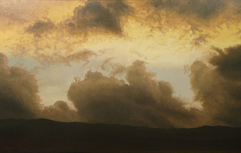 Belarmino Miranda Montoya, Colombian (born1966- ) Oil: Belarmino Miranda Montoya, Colombian (born1966- ) Oil on Canvas "Early Morning Clouds" Signed Lower Left and Dated 2001. Very Good Condition. Measures 31-3/4 Inches by 47-1/4 Inches, Frame Measures 38