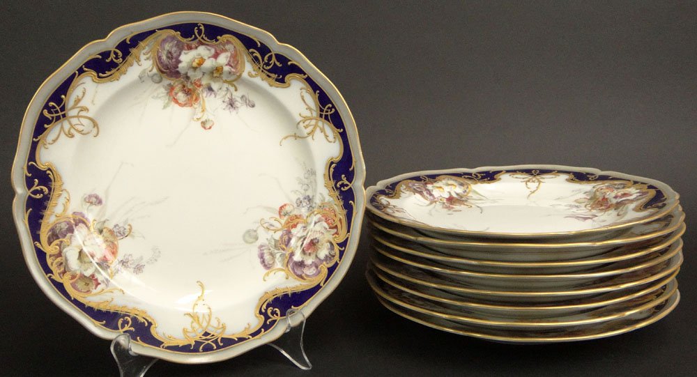 Nine (9) 19th Century KPM Luncheon Plates with Gray: Nine (9) 19th Century KPM Luncheon Plates with Gray Color Rims and Raised Gilt Decoration. Signed Underglaze Blue Scepter and Red KPM Logo. Good to Very Good Condition. Measures 9-3/4 Inches Diameter.