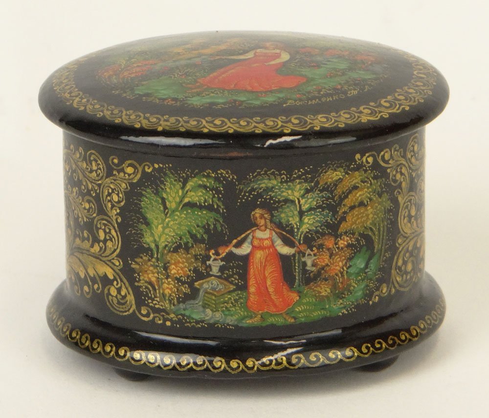 Russian USSR Finely Hand Painted and Decorated Black: Russian USSR Finely Hand Painted and Decorated Black Lacquer Miniature Oval Box. Signed Palekh. Very Good Condition. Measures 2-3/4 Inches Tall by 2-1/2 Inches Wide. Shipping $26.00