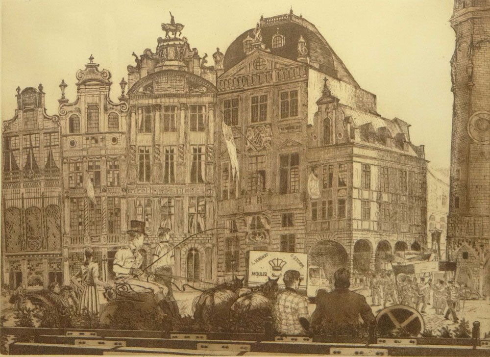 Michael Louis Jacques, American (born 1945) Large: Michael Louis Jacques, American (born 1945) Large Sanguine Etching on Paper "Brussels Grand Place #2". Pencil Signed Lower Right, Numbered 11/100 Lower Left. Good Condition or Better. Measure 23-3/4 I