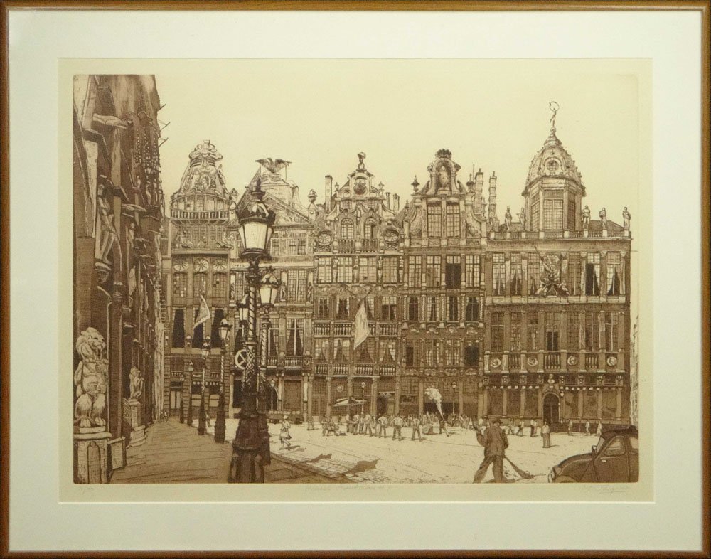 Michael Louis Jacques, American (born 1945) Large: Michael Louis Jacques, American (born 1945) Large Sanguine Etching on Paper "Brussels Grand Place #4". Pencil Signed Lower Right, Numbered 76/100 Lower Left. Good Condition or Better. Measure 23-3/4 I