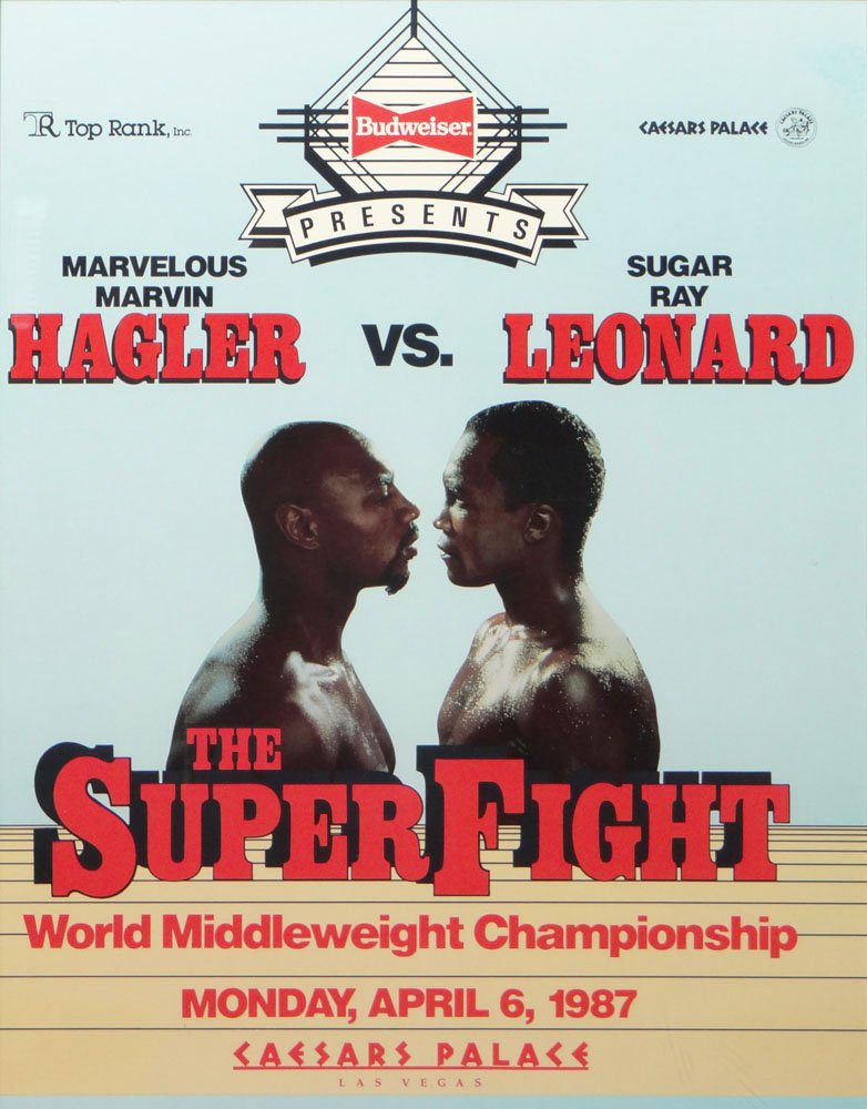 Marvin Hagler vs Sugar Ray Leonard "The Super Fight": Marvin Hagler vs Sugar Ray Leonard "The Super Fight" April 6, 1987 Caesars Palace Framed Boxing Poster. Along with Two (2) Tickets to the Fight Priced at $500.00 Each. Very good Condition. Shipping $6