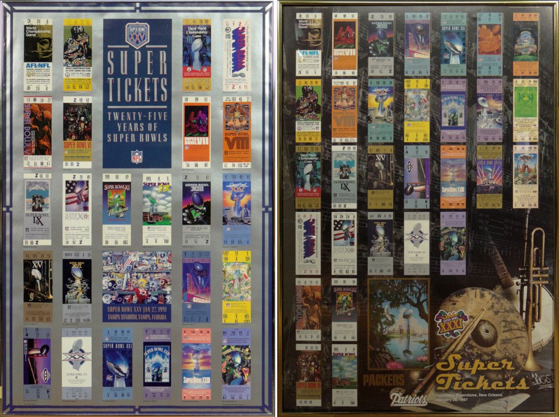 Two (2) Super Bowl Tickets Framed Posters: 1997 Packers: Two (2) Super Bowl Tickets Framed Posters: 1997 Packers vs. Patriots and Super Tickets XXV "Twenty Five Years of Super Bowls". Very Good Condition. Largest Measures 36-1/2 Inches Tall by 24-1/2 Inches