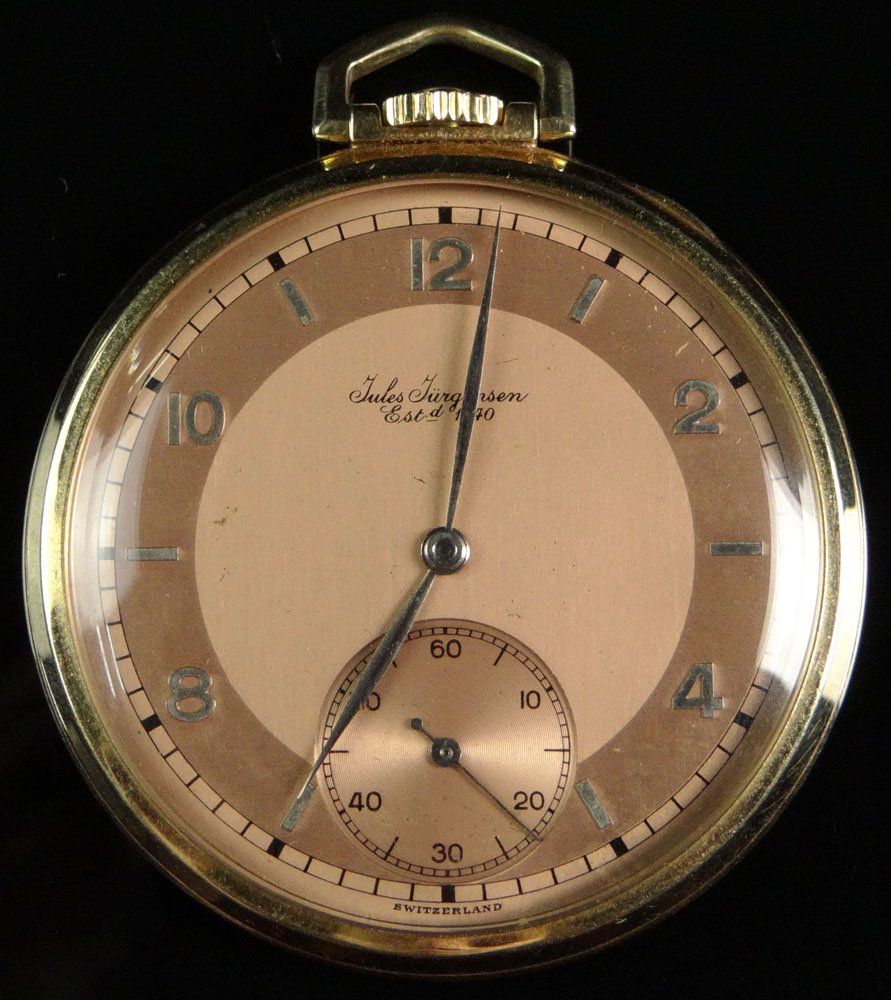 Vintage Jules Jurgensen Swiss Made 14 Karat Yellow Gold: Vintage Jules Jurgensen Swiss Made 14 Karat Yellow Gold Pocket Watch with Rose Gold Face and Original Box. Signed. Appears to be in Running Condition. Surface Scratches and Wear to Case from Normal Us