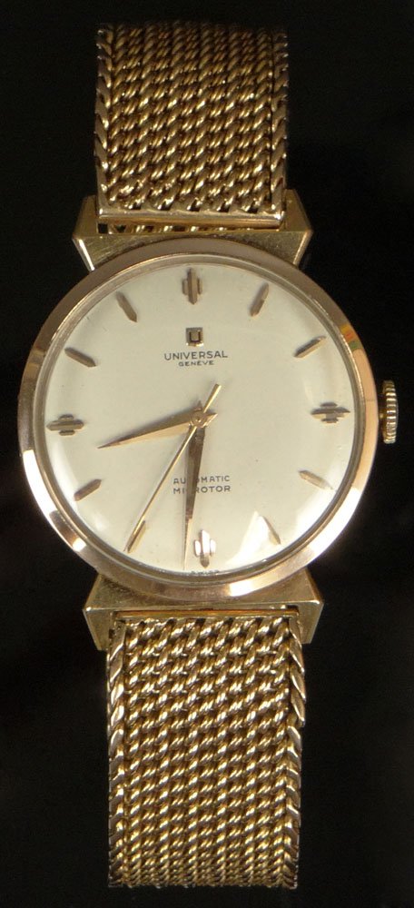 Man's Vintage Universal Geneve "Automatic Microtor" 18: Man's Vintage Universal Geneve "Automatic Microtor" 18 Karat Yellow Watch with 18 Karat Yellow Gold Woven Link Bracelet. Watch and Bracelet Signed. Watch was just serviced at a cost of $500.00 and inc