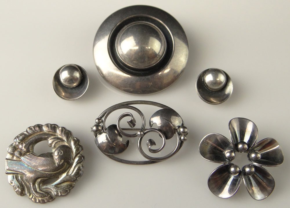Lot of Sterling Silver Marked Denmark. Pieces Include:: Lot of Sterling Silver Marked Denmark. Pieces Include: Small Pair of N. E. From Earrings, Nefrom Circular Pin, George Jensen Sterling Bird Pendant, SCF Modernist Pin, Nefrom Flower Pin and a Pair of M
