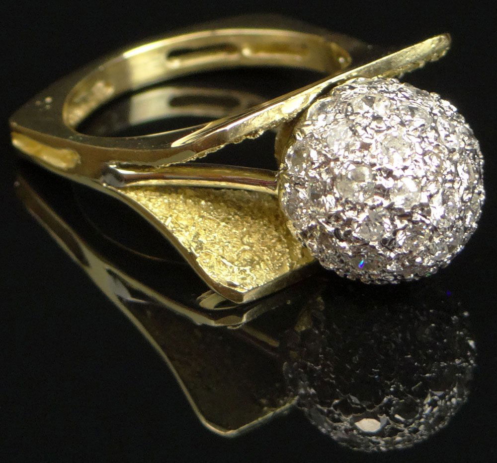 Unusual Lady's Mid Century Modern Hand Made 1.5 Carat: Unusual Lady's Mid Century Modern Hand Made 1.5 Carat Pave Set Diamond, 14 Karat Yellow Gold and Platinum Ball Ring Pave set with Round Brilliant Cut Diamonds. Diamonds F-G Color VS1-VS2 Clarity. Unsi