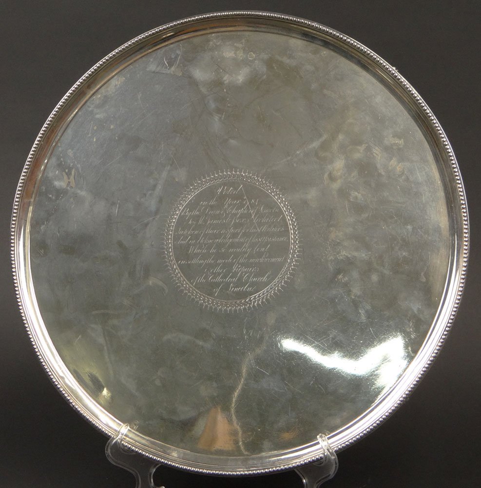 1784 George III London, England Sterling Silver Footed: 1784 George III London, England Sterling Silver Footed Salver Made by John Crouch and Thomas Hannam. Salver with Engraved Dedication Center. Hallmarks Read Lion Passant, Crowned Leopards Head, Lower C