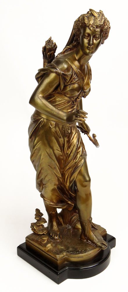 Eutrope Bouret French (1833-1906) Gilt Bronze Sculpture: Eutrope Bouret French (1833-1906) Gilt Bronze Sculpture of "Diana" Nicely Detailed Female Figure Holding a Bow with Arrows on Her Back. Signed Bouret Sculpt on Front of Base. At One Time Made into a l