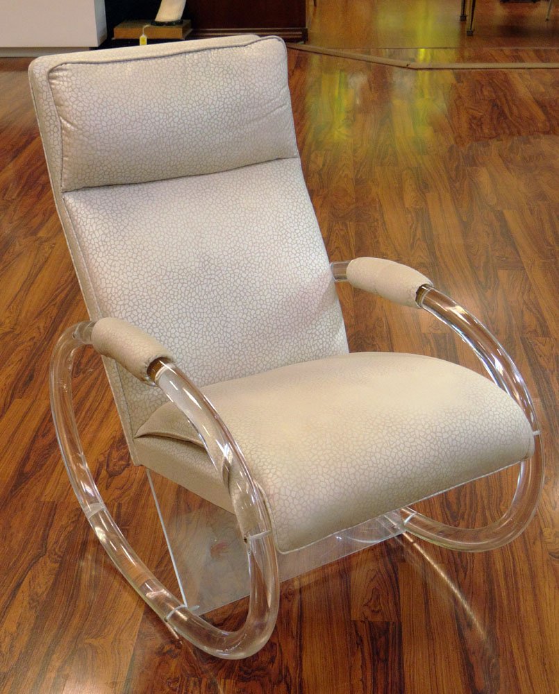 Charles Hollis Jones Circa 1970's Lucite and: Charles Hollis Jones Circa 1970's Lucite and Upholstered Rocking Chair. Unsigned. Minor Surface Wear and Crazing to Lucite Consistent with Age and Normal Use Otherwise Good Condition. Measures 38 Inch