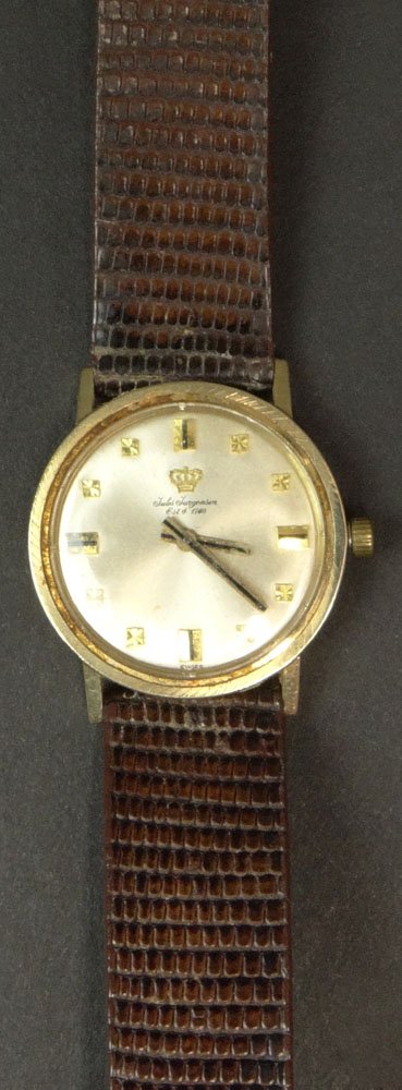 Mid 20th Century 14 Karat Gold Jules Jurgesen Men's: Mid 20th Century 14 Karat Gold Jules Jurgesen Men's Watch with a Brown Leather Band. Marked 14 Karat Gold on Back. Surface Wear and Scratches Consistent with Age and Use Otherwise in Good Condition. S