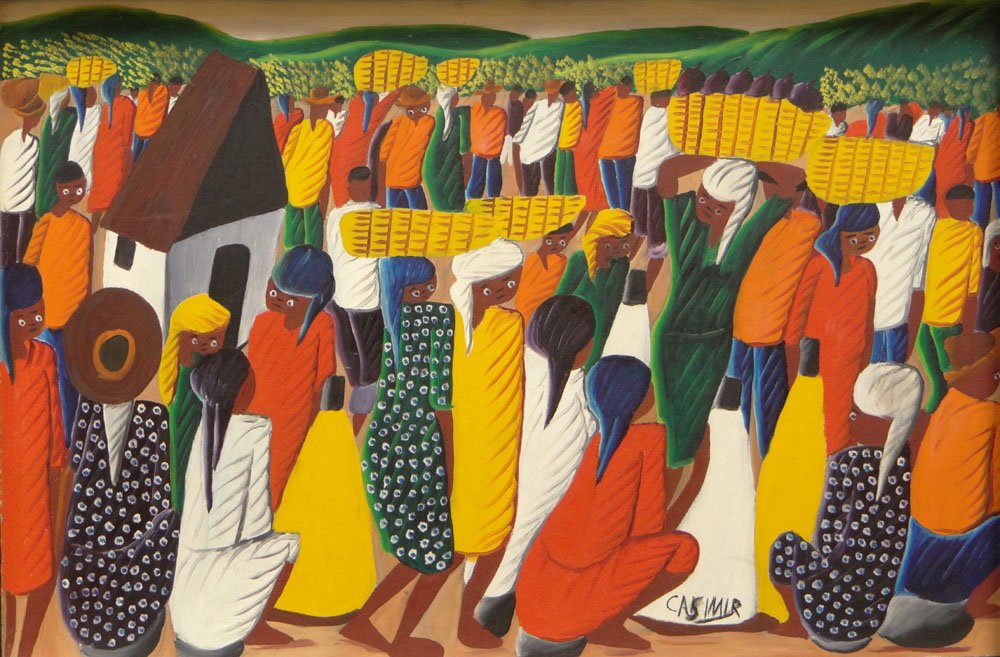 Laurent Casimir, Haitian (1928-1990) Acrylic on: Laurent Casimir, Haitian (1928-1990) Acrylic on Masonite 'Villagers with Baskets". Signed. Good Condition or Better. Measures 16 Inches Tall and 24 Inches Wide, Frame Measures 21-1/8 Inches Tall and 2