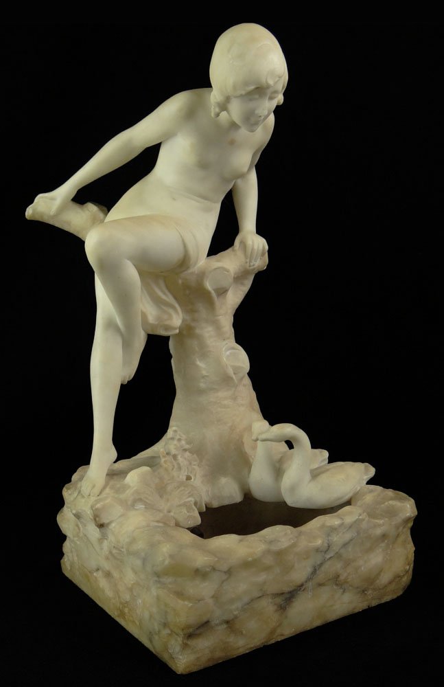 P. Conti Italian Carved Alabaster Sculpture "Girl with: P. Conti Italian Carved Alabaster Sculpture "Girl with Swans" Nicely Detailed with a Girl Sitting on a Tree Stump While Gazing at 2 Swans. Signed P. Conti, Firenze. Made in Italy. Some Surface Wear Co
