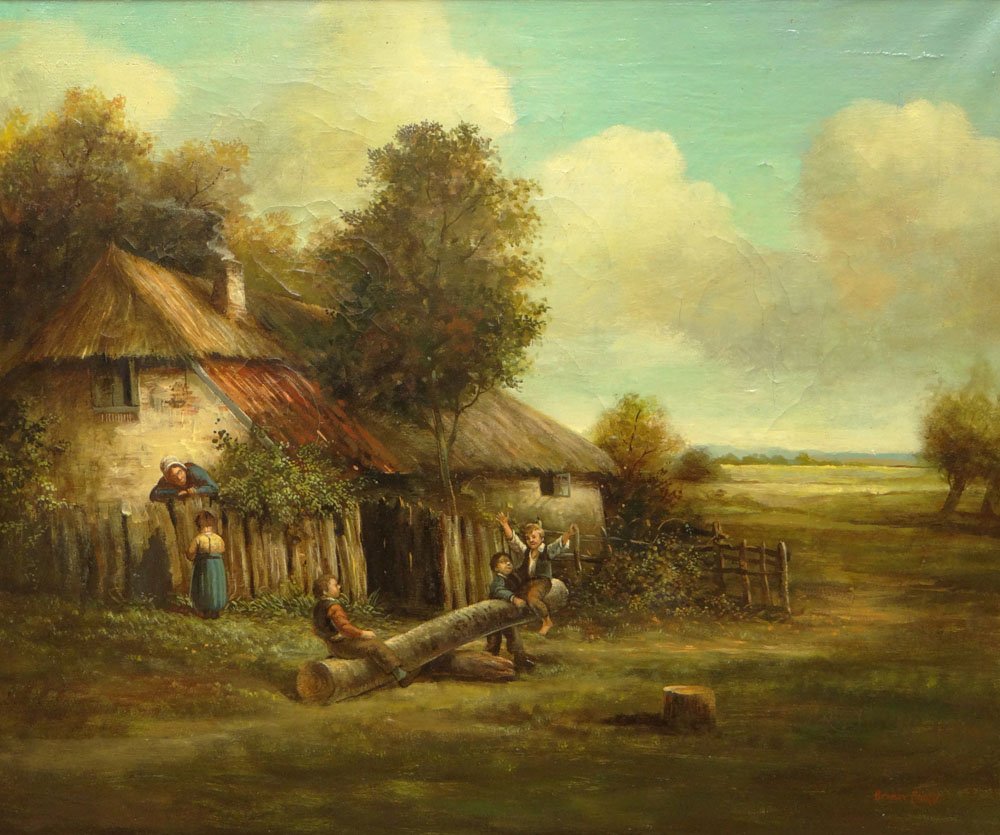 Brian Coole British (1939-) Oil on Canvas Painting.: Brian Coole British (1939-) Oil on Canvas Painting. "Children Playing" on a Teeter Totter by a Country Cottage. Signed Lower Right. Some Crazing, Two (2) Supportive Patches en Verso Otherwise in Good 