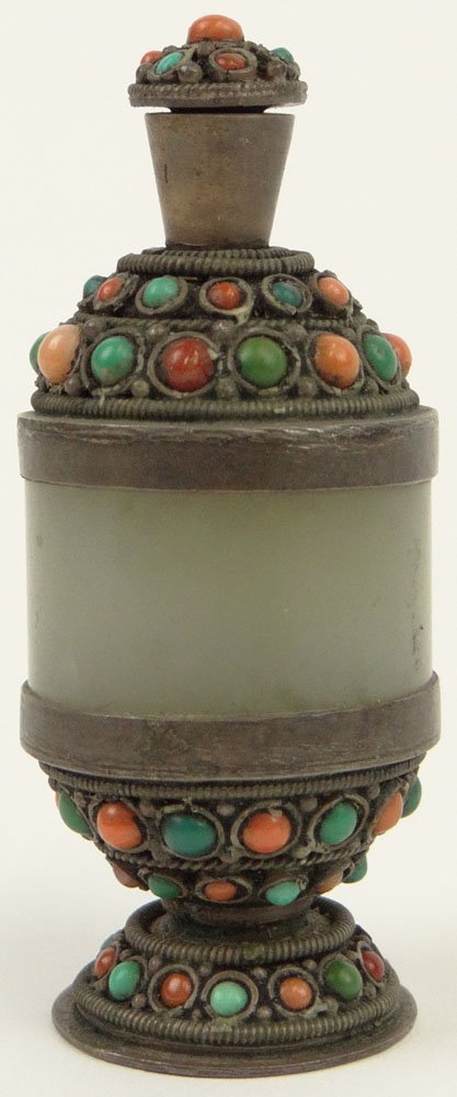 19th Century Mongolian Silver and Jade Snuff Bottle: 19th Century Mongolian Silver and Jade Snuff Bottle with Inlaid Turquoise and Coral Stones and Matching Stopper. From the Collection of a Founding Member of the International Chinese Snuff Bottle Soci