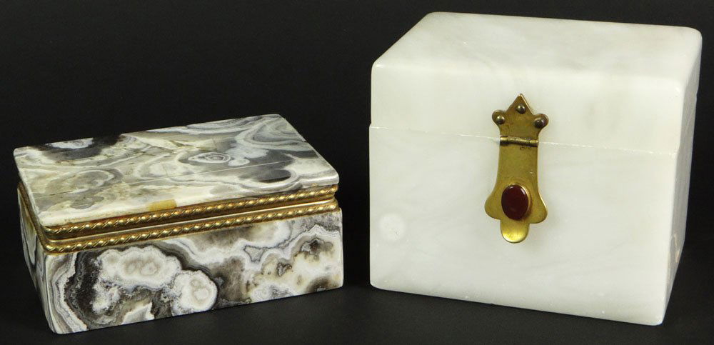 Two (2) Circa 1900 Hard Stone Hinged Dresser Boxes. 1: Two (2) Circa 1900 Hard Stone Hinged Dresser Boxes. 1 Alabaster Box with Semi Precious Stone on Hinge. Some Surface Wear Otherwise in Good Condition. Measures 4-1/2 Inches Tall by 5-1/4 Inches Across