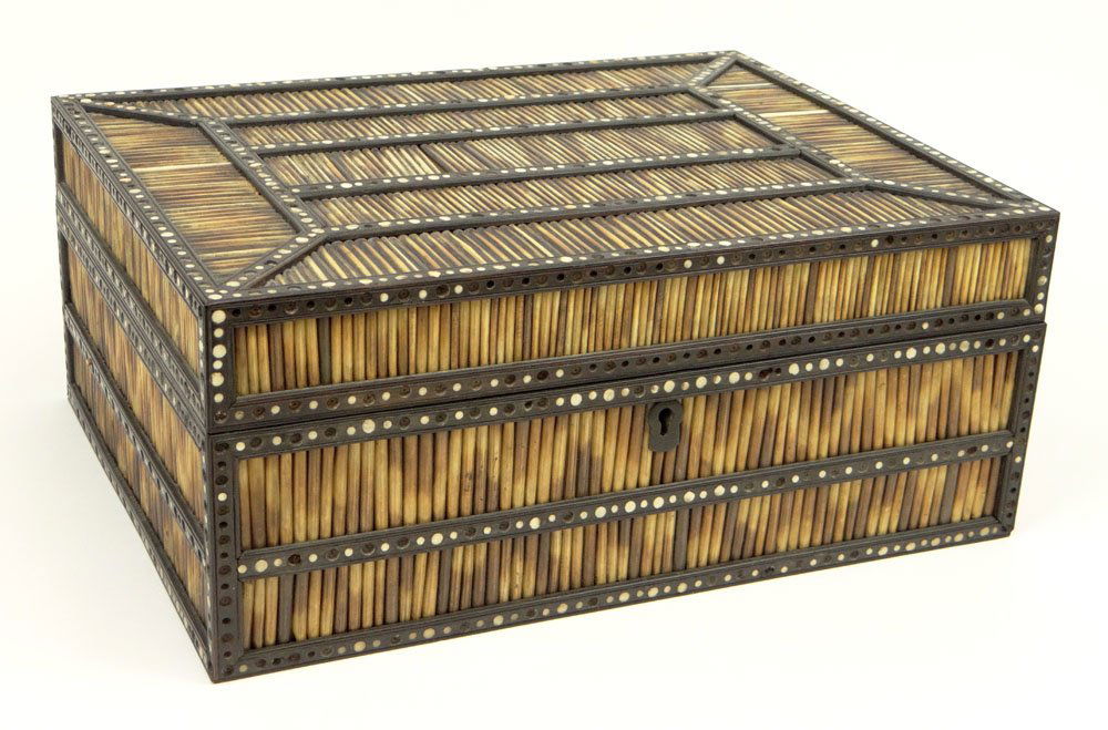 Antique Anglo-Indian Ceylon Porcupine Quill, Ebony and: Antique Anglo-Indian Ceylon Porcupine Quill, Ebony and Bone Box with Divided Fitted Interior. Unsigned. Minor Losses to Bone Inlay Otherwise Good Condition. Measures 5-3/4 Inches Tall and 13-3/4 Inche