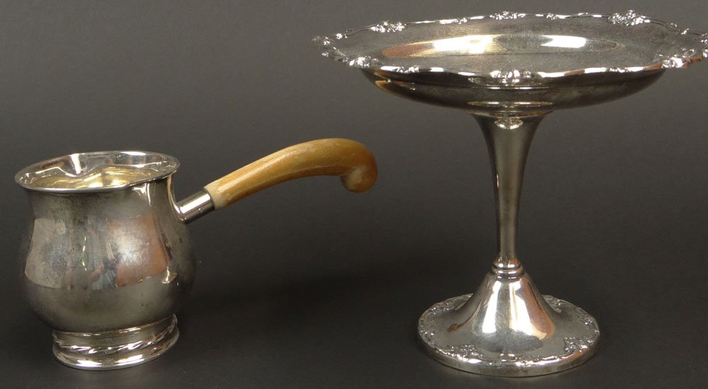 One (1) Gorham Sterling Silver Weighted Compote Along: One (1) Gorham Sterling Silver Weighted Compote Along with a One (1) Towle Sterling Silver Double Spouted Sauce Vessel with Wooden Handle. Good to Very Good Condition. Compote Measures 5 Inches Tall a