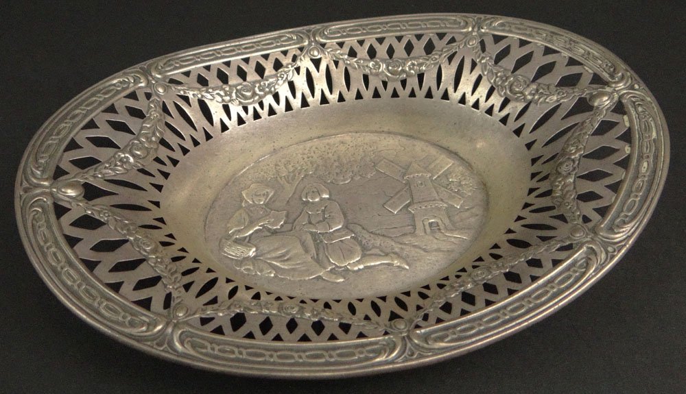 Webster Sterling Silver Reticulated Bowl with Romantic: Webster Sterling Silver Reticulated Bowl with Romantic Scene and Windmill in the Background. Signed Webster Logo and Sterling. Good to Very Good Condition or Better. Has Monogram. Measures 1-1/2 Inche