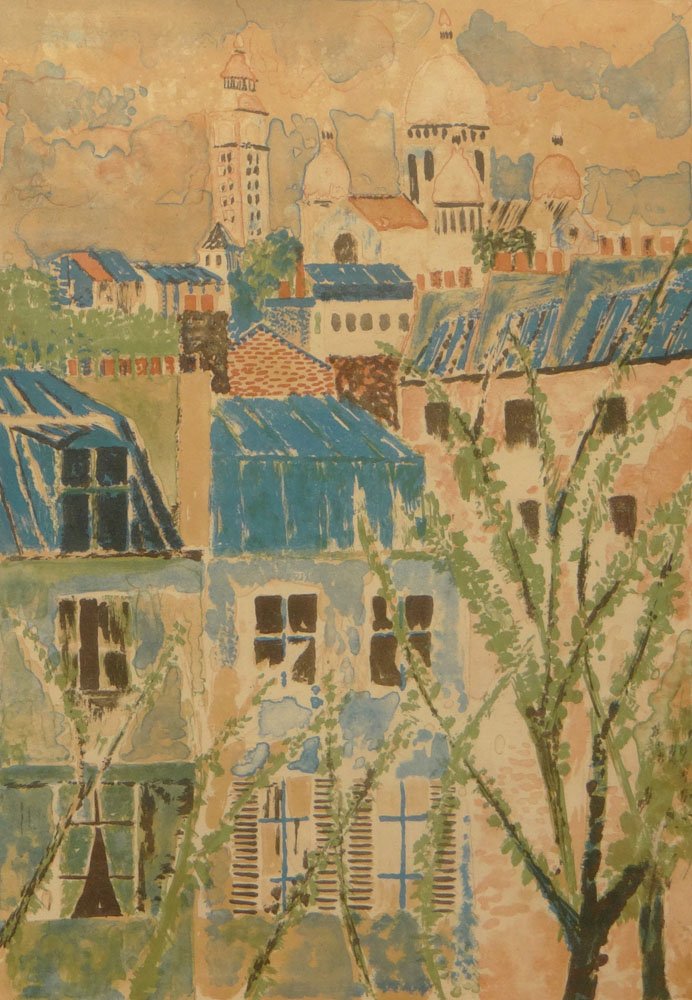 Guy Bardone, French (born 1927) Color Lithograph: Guy Bardone, French (born 1927) Color Lithograph "Montmartre". Pencil Signed Lower Right, Numbered 45/? Lower Left. Measures 19 Inches Tall and 13 Inches Wide, Frame Measures 29 Inches Tall and 22-5/8
